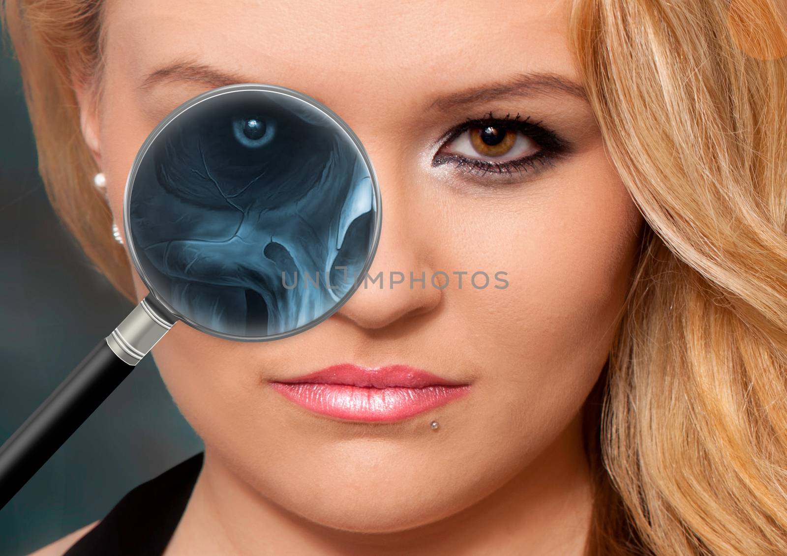 The X-ray with a magnifying glass from the face part of a human, the human eye