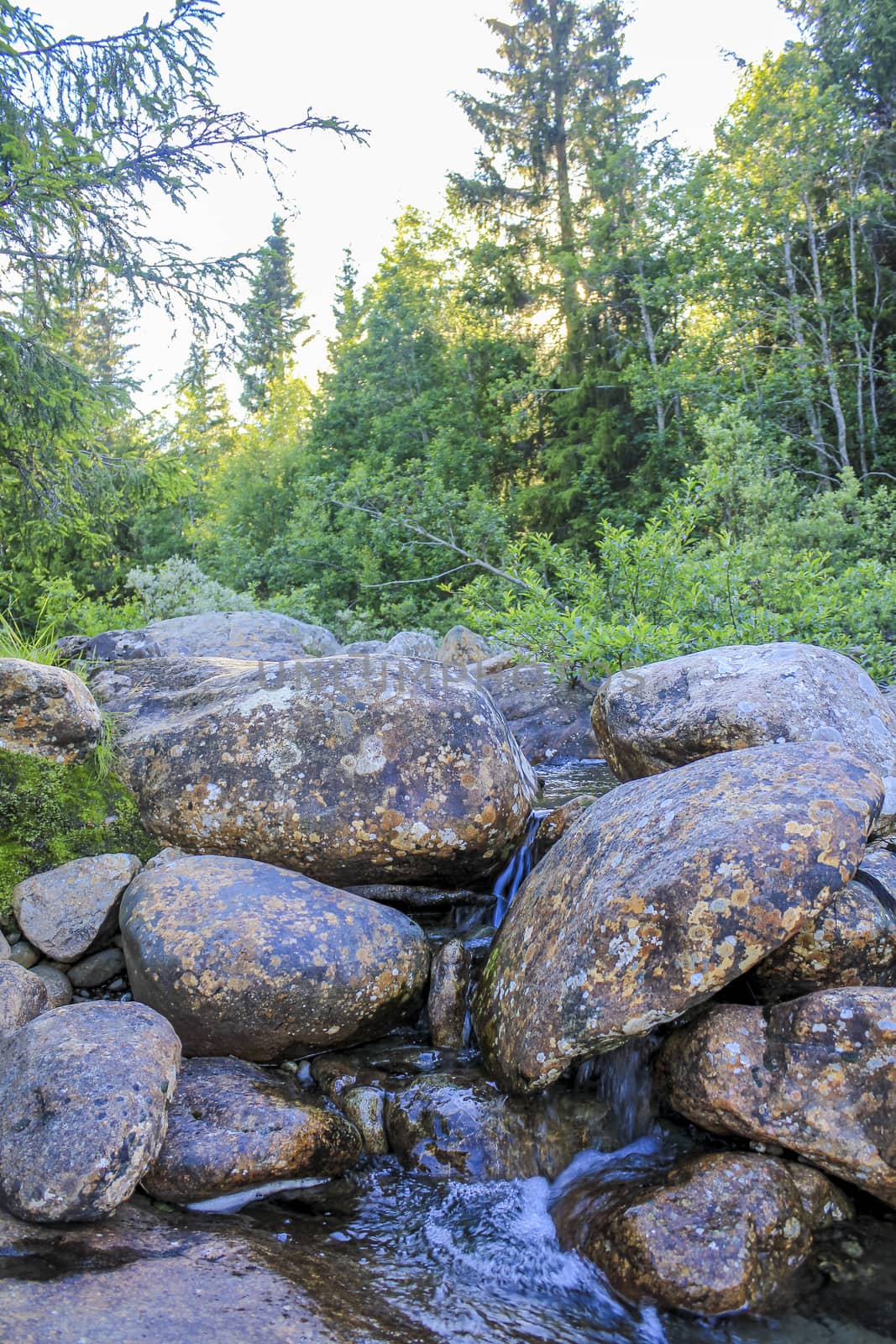 Big rocks and river of the waterfall Rjukandefossen, Hemsedal Norway. by Arkadij