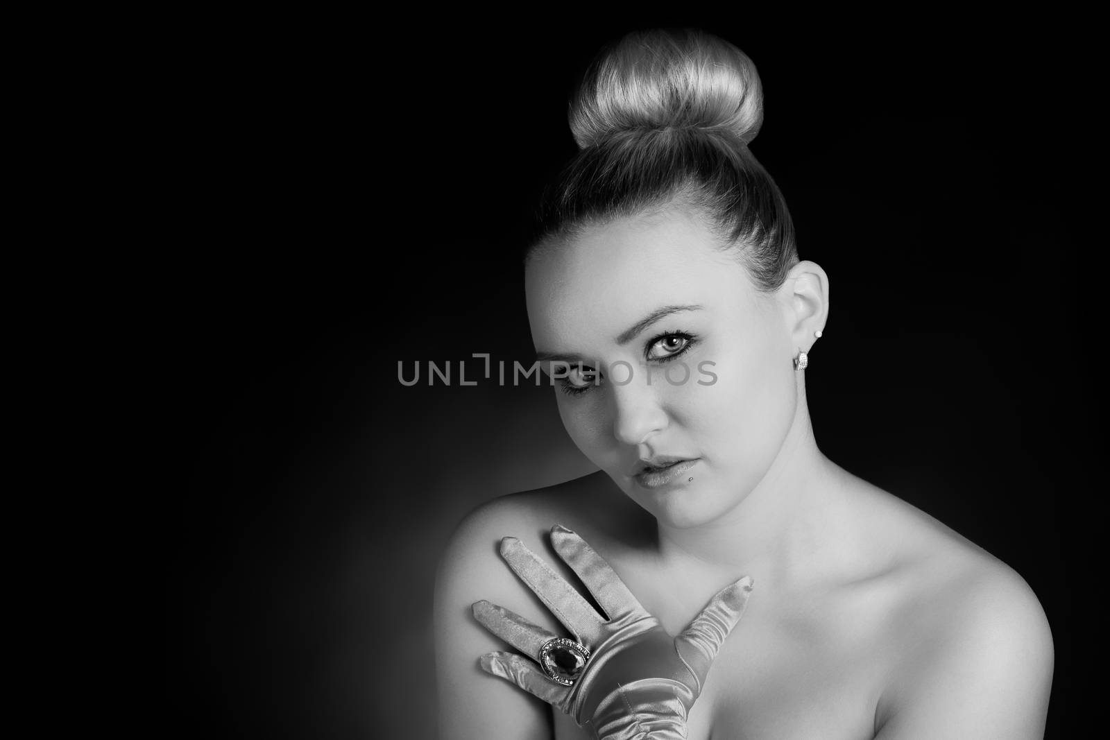 Beauty Fashion Glamour Girl Portrait. Girl Wearing Gloves. Jewellery. Jewelry. Glamor Hairstyle and Make-up. Diamond Ring. by 25ehaag6
