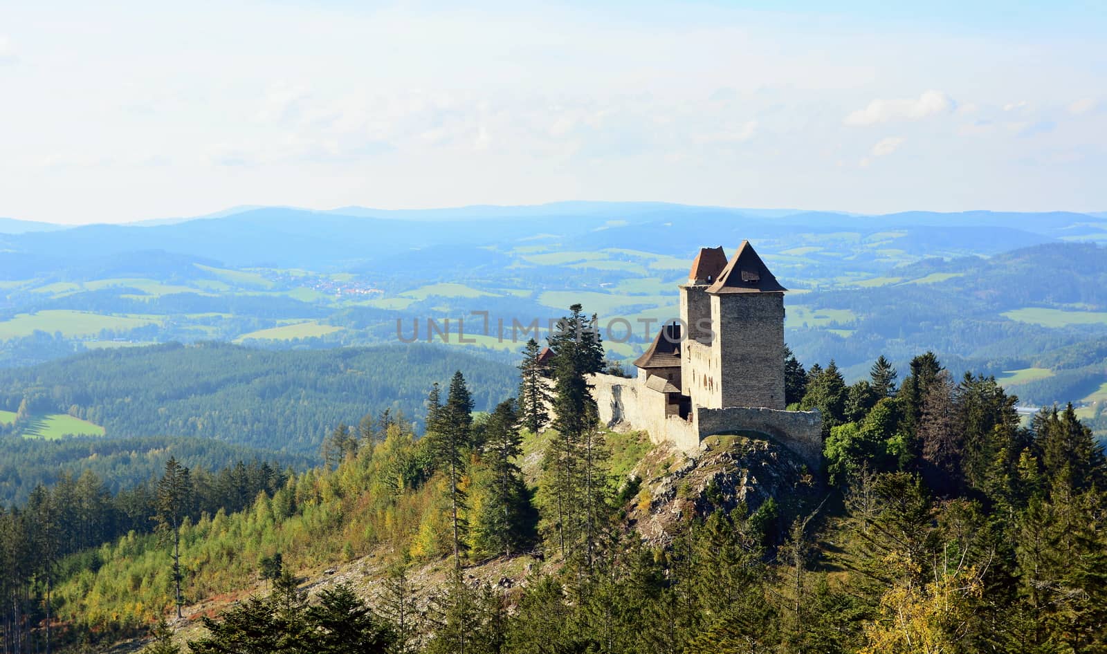 Landscape panoramic view with Kasperk castle in Sumava National Park.