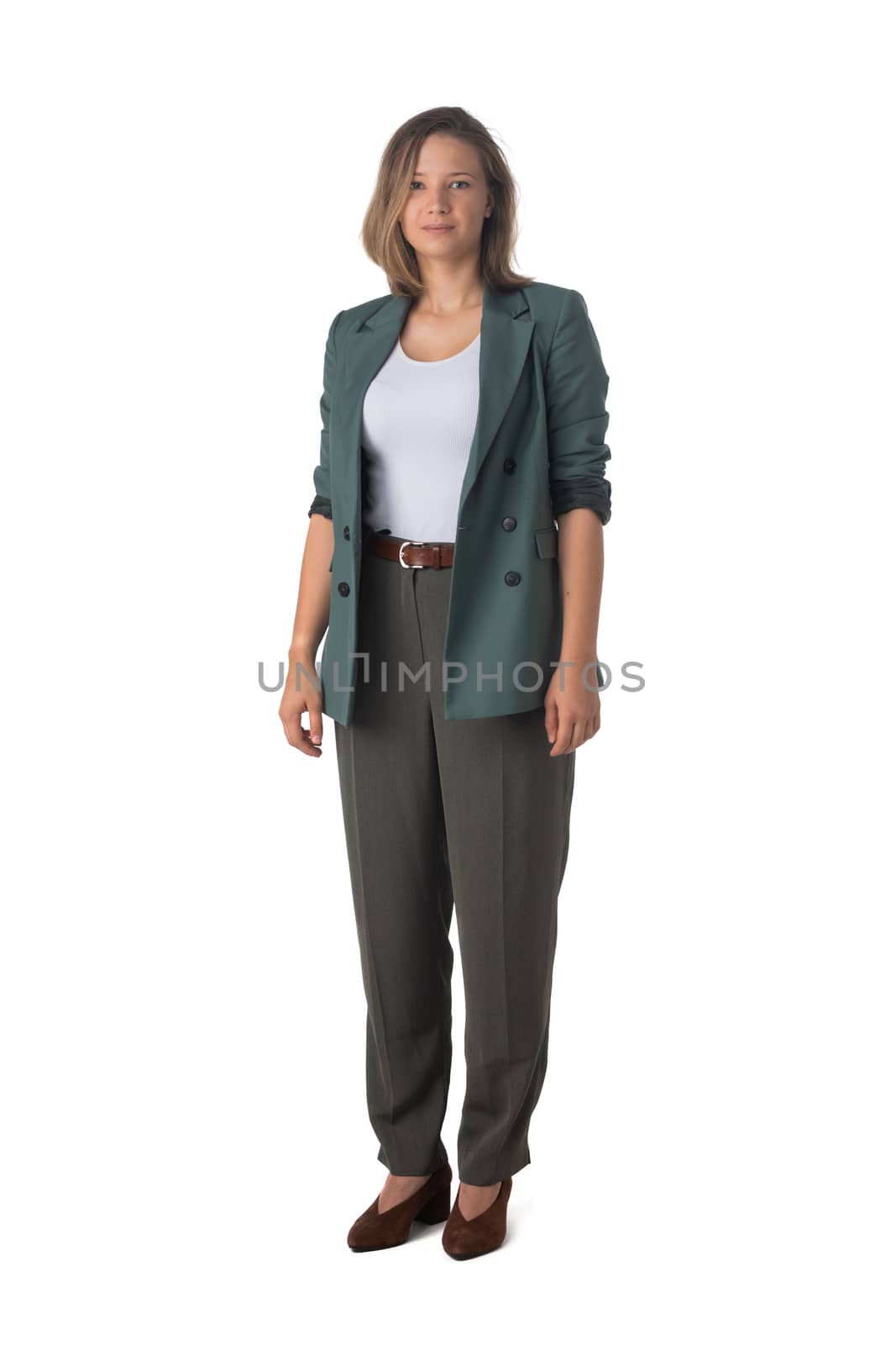 Full length portrait of happy young business woman isolated on white background, casual people