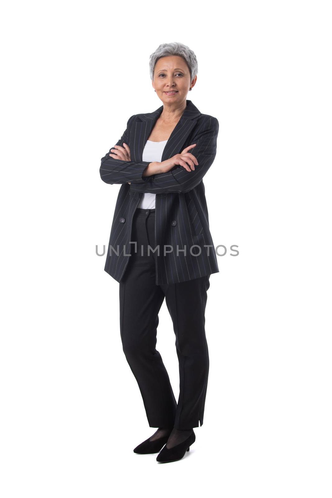 Full length portrait of happy beautiful mature asian woman isolated on white background, business people