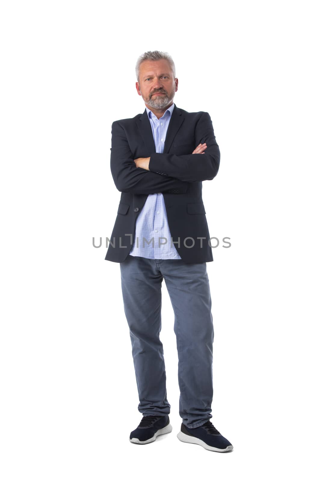 Full length portrait of happy handsome senior man isolated on white background, business people