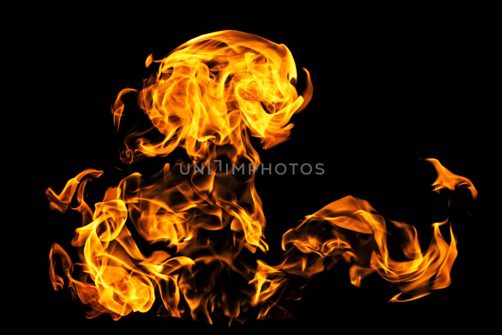 Fire flames on black background isolated. Burning gas or gasoline burns with fire and flames. Flaming burning sparks close-up, fire patterns. Infernal glow of fire in the dark with copy-space