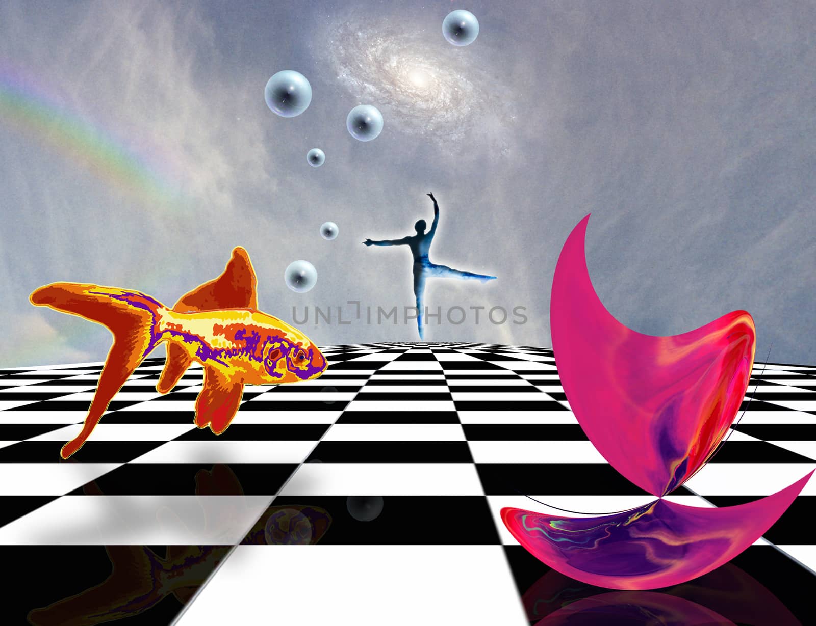 Surreal composition. Pink matter on chessboard, dancer and golden fish. 3D rendering