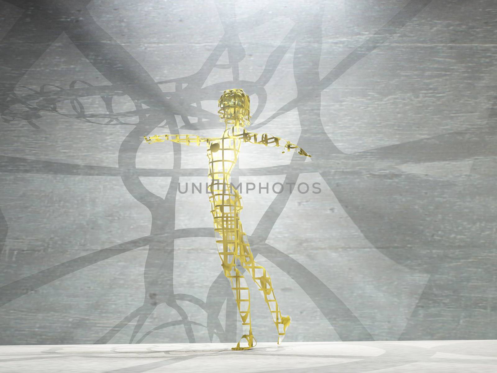 Woman figure made of gold emits light rays. 3D rendering