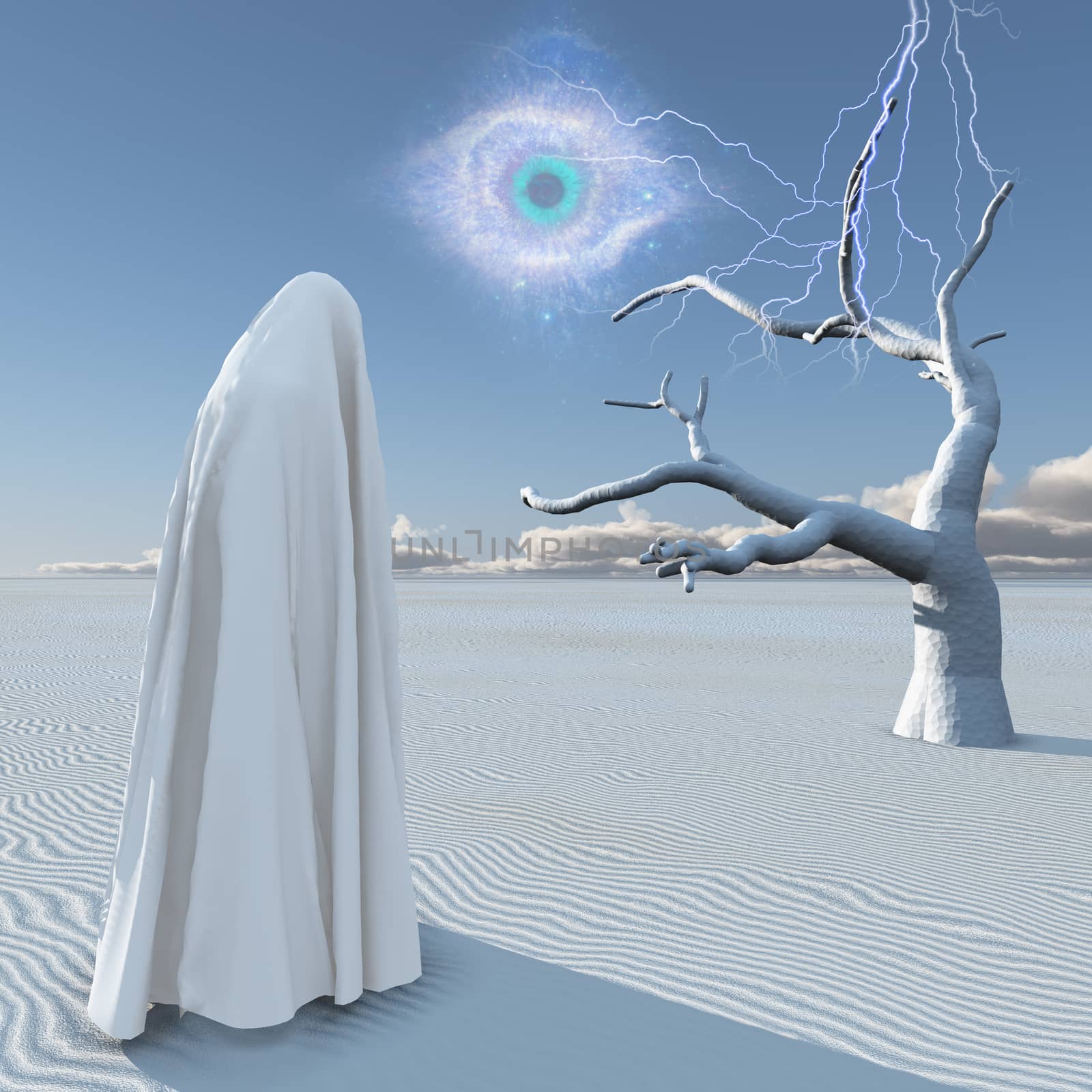 Planet Zen. Figure in white clothes stands in surreal white desert. 3D rendering