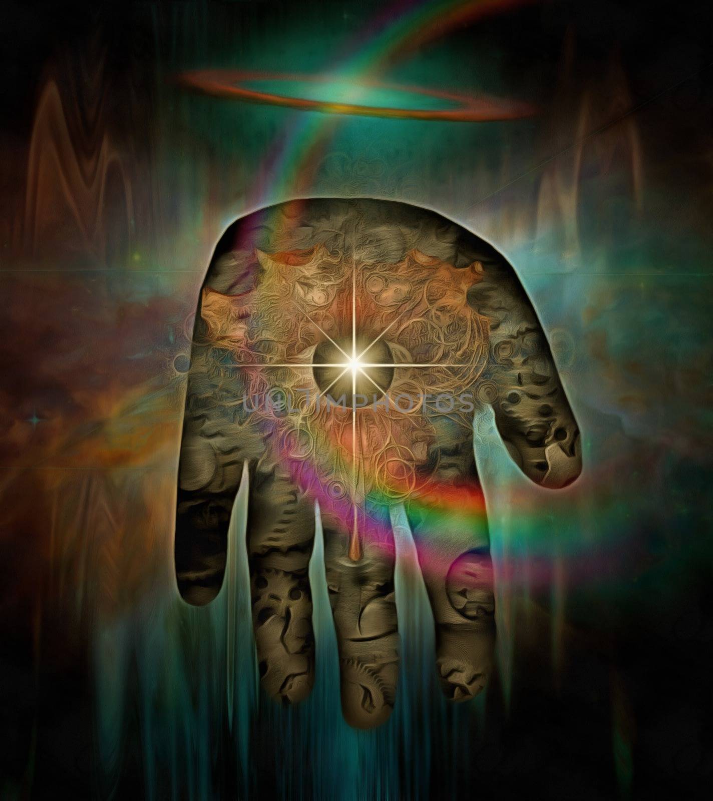 Time machine. Hand with eye in endless universe. 3D rendering