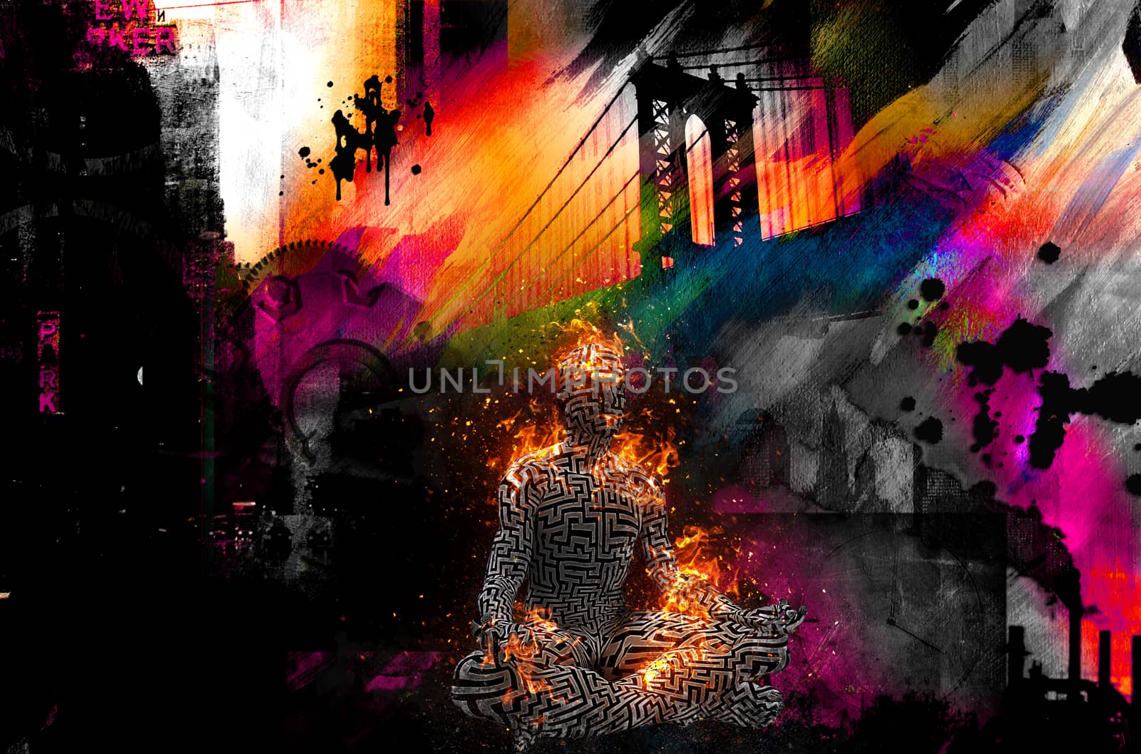 Manhattan bridge. Burning figure of man in lotus pose by applesstock