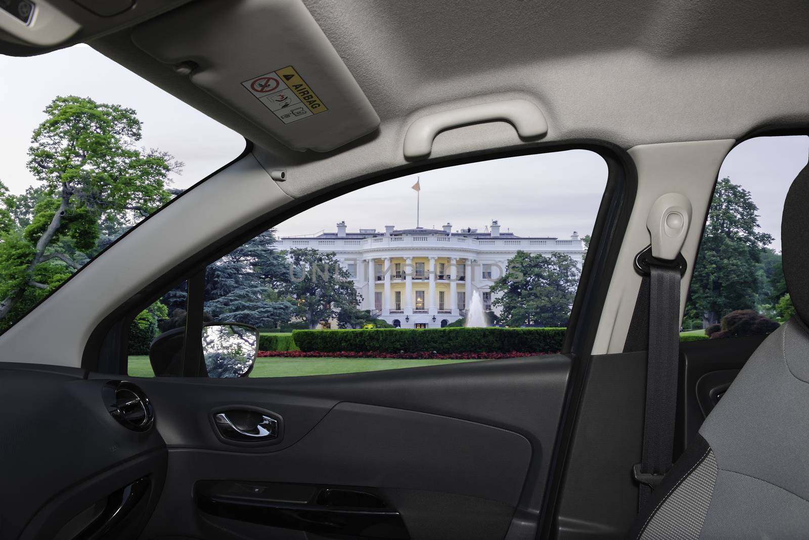 Looking through a car window with view of the White House, Washington DC, USA