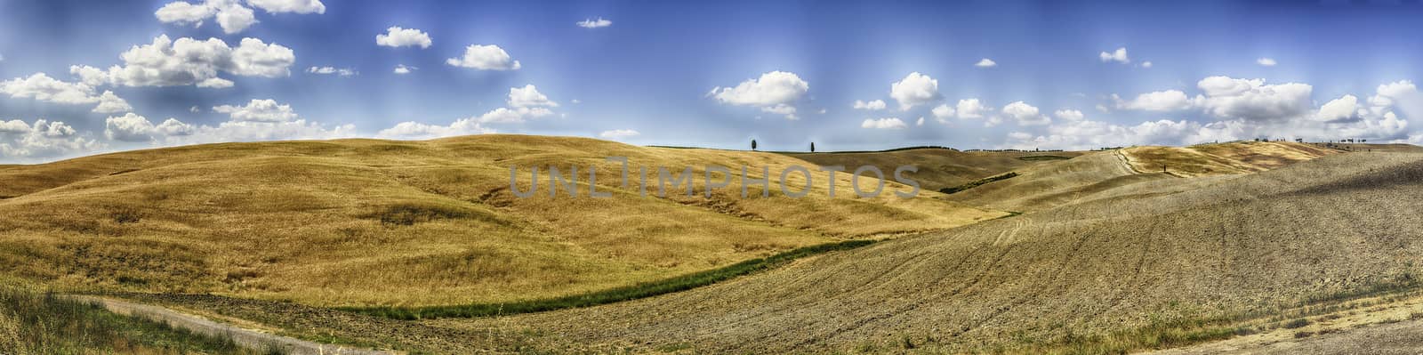 Panoramic landscape of dry fields in the countryside in Tuscany, Italy. Concept for agriculture and farmlands