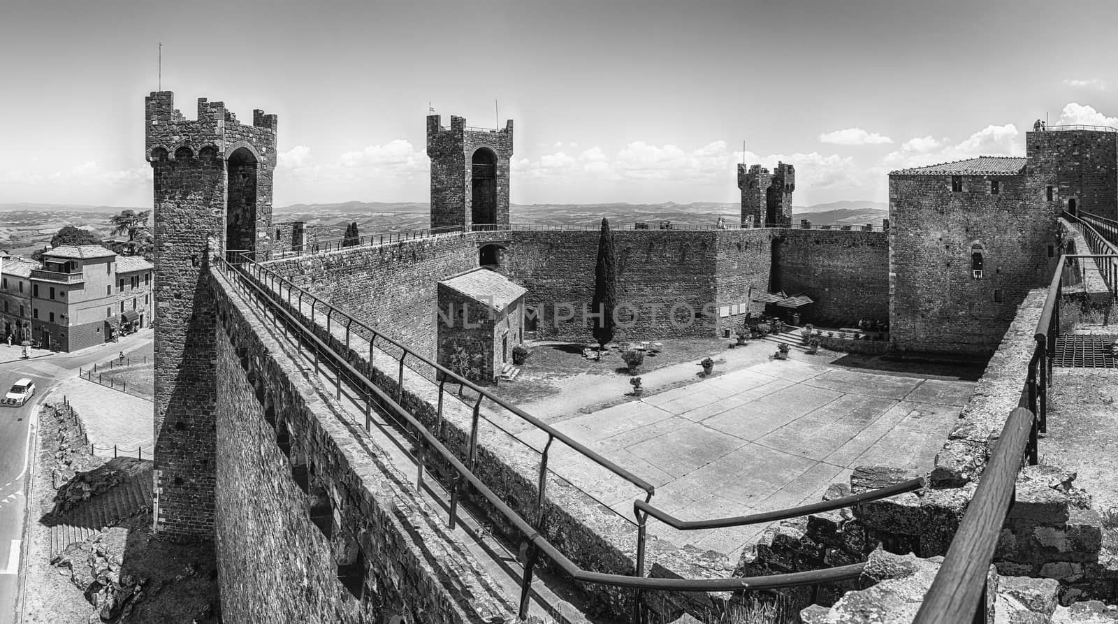 Interior of a medieval italian fortress, iconic landmark and one of the most visited sightseeing in Montalcino, Tuscany, Italy