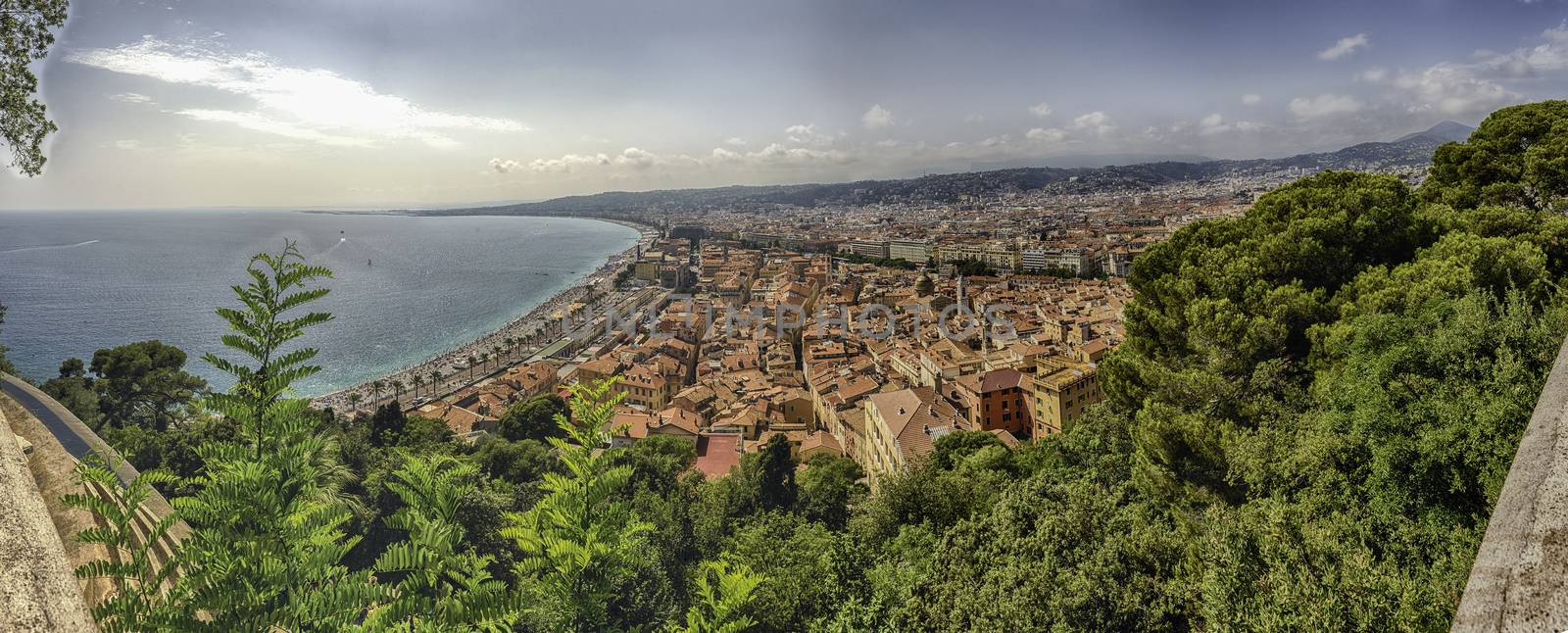 Panoramic aerial view of the waterfront and the Promenade des Anglais from the Castle Hill in Nice, Cote d'Azur, France