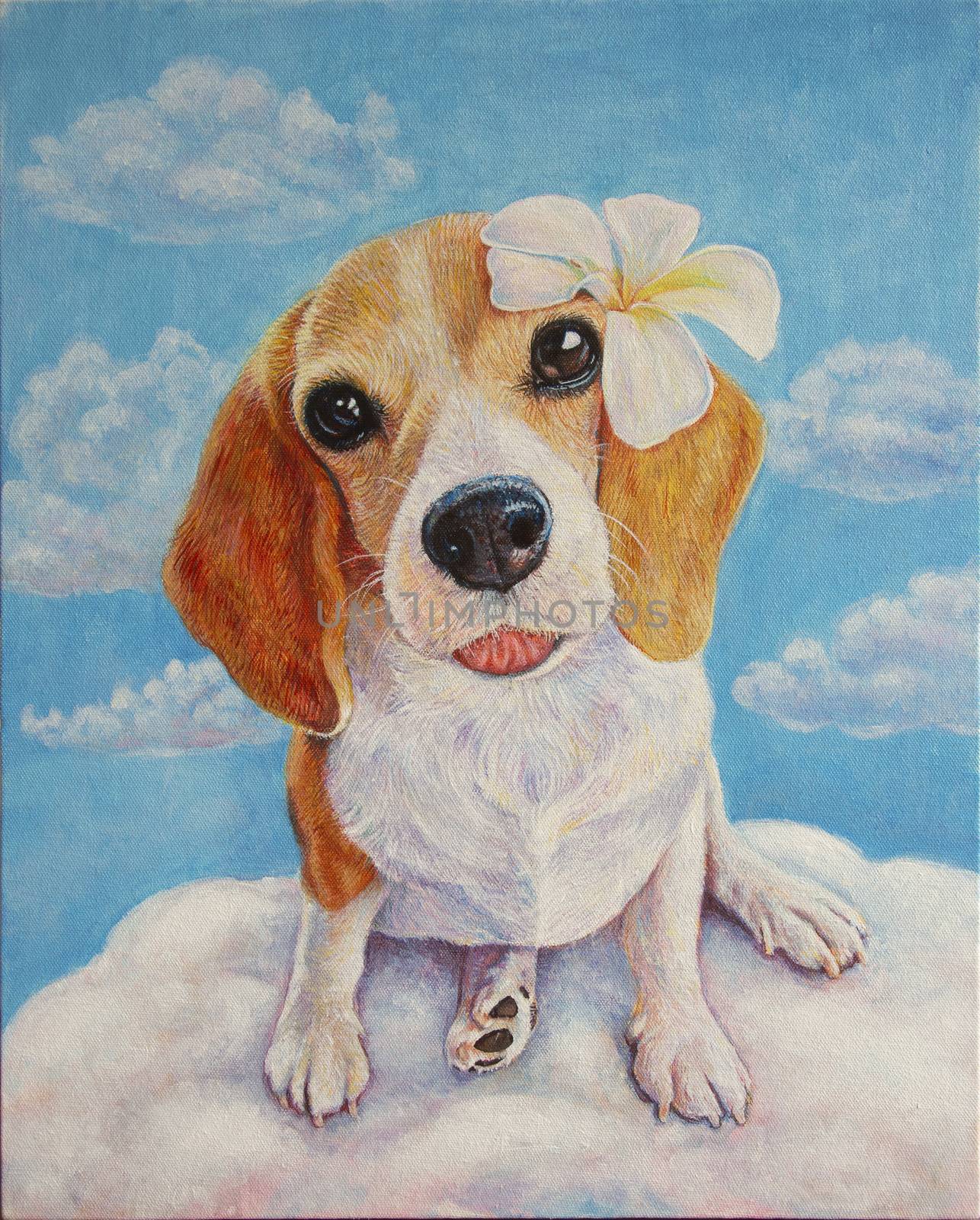 A cute Elizabeth beagle dog with flowers on his ears sitting in the clouds with a sky background. Acrylic Painting on Canvas