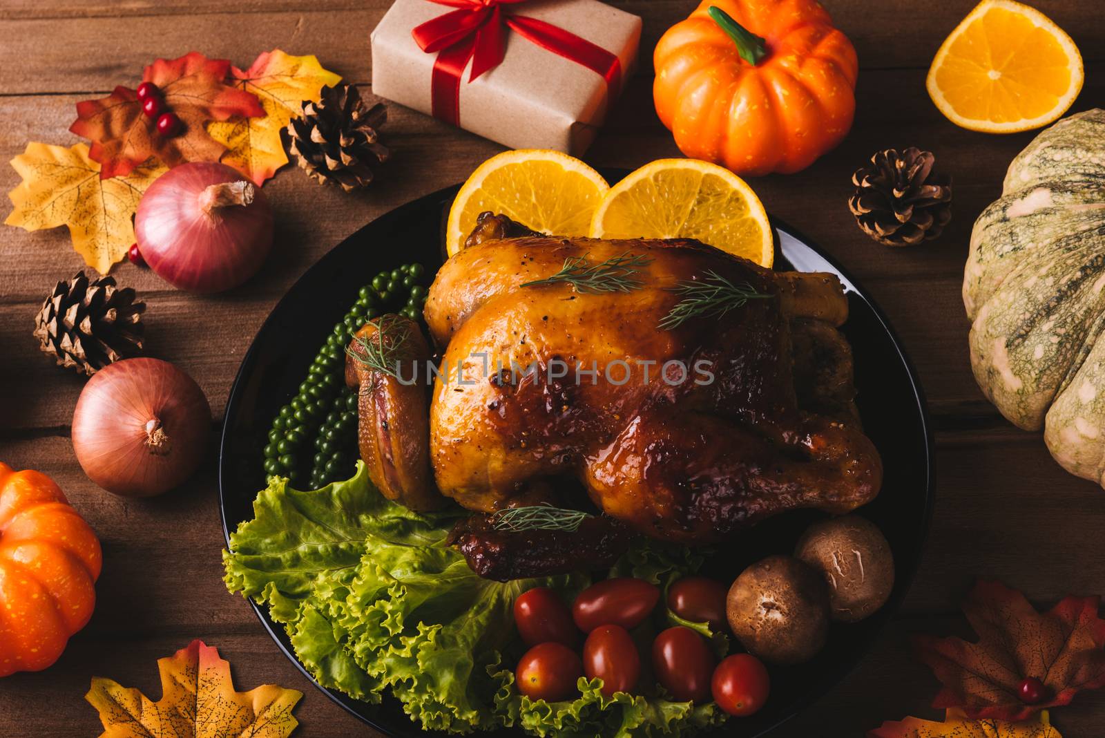 Thanksgiving roast turkey or chicken and vegetables, Top view Christmas dinner feast food decoration traditional homemade on wooden table background, Happy thanksgiving day of holiday concept