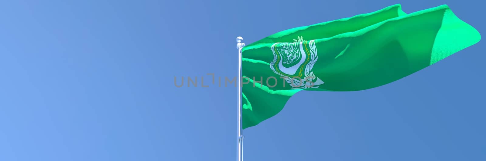 3D rendering of the national flag of Arabic league waving in the wind against a blue sky