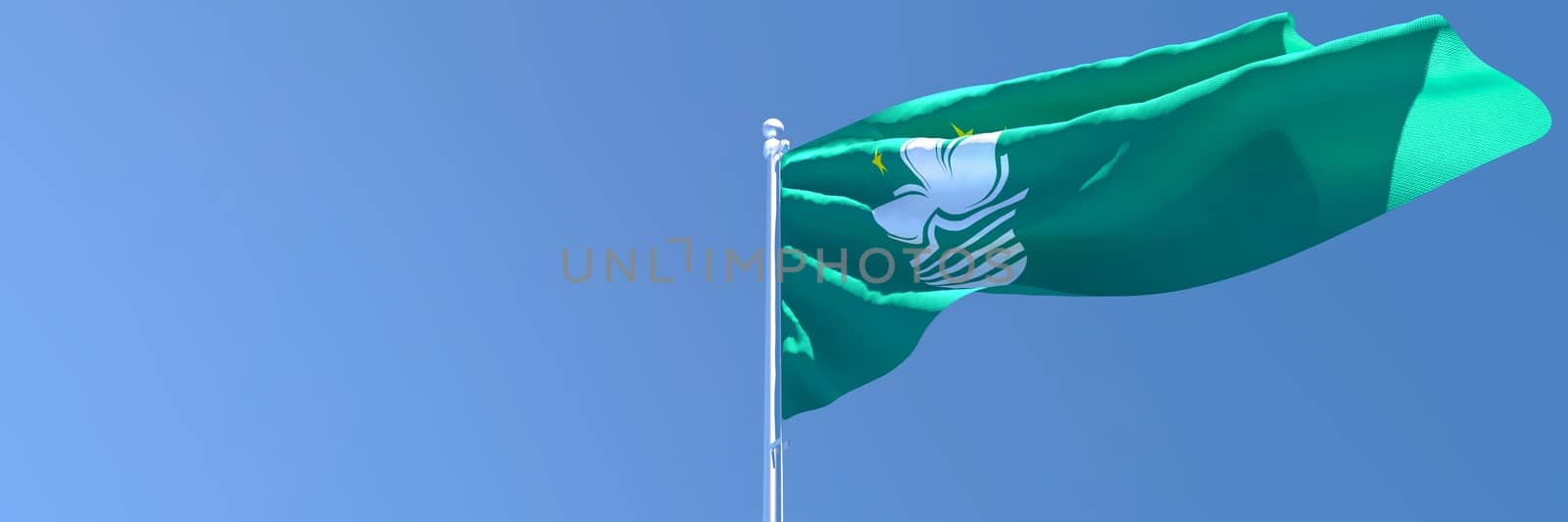 3D rendering of the national flag of Macau waving in the wind against a blue sky