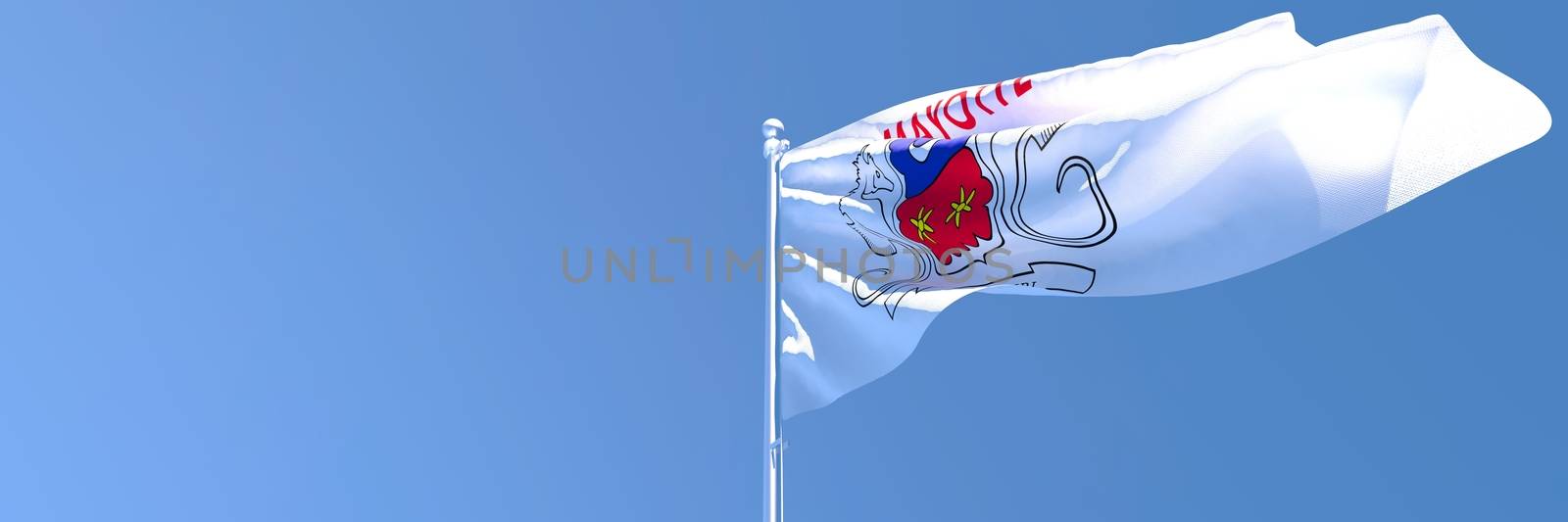 3D rendering of the national flag of Mayotte waving in the wind against a blue sky