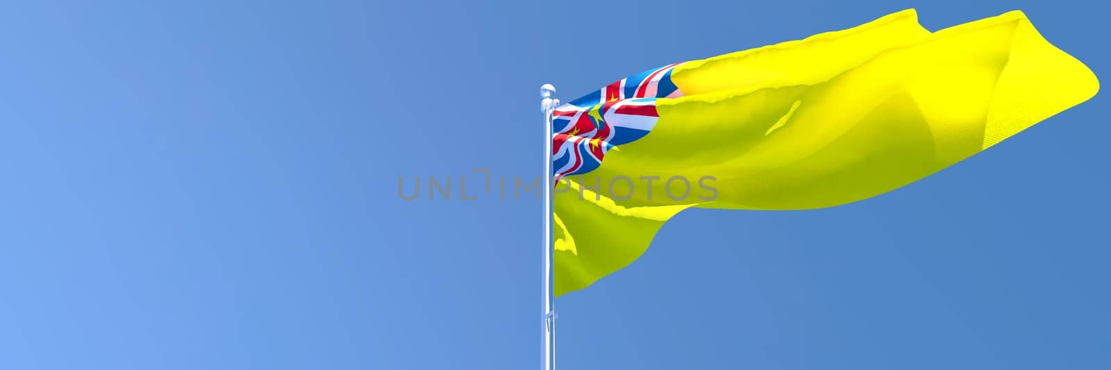 3D rendering of the national flag of Niue waving in the wind against a blue sky by butenkow