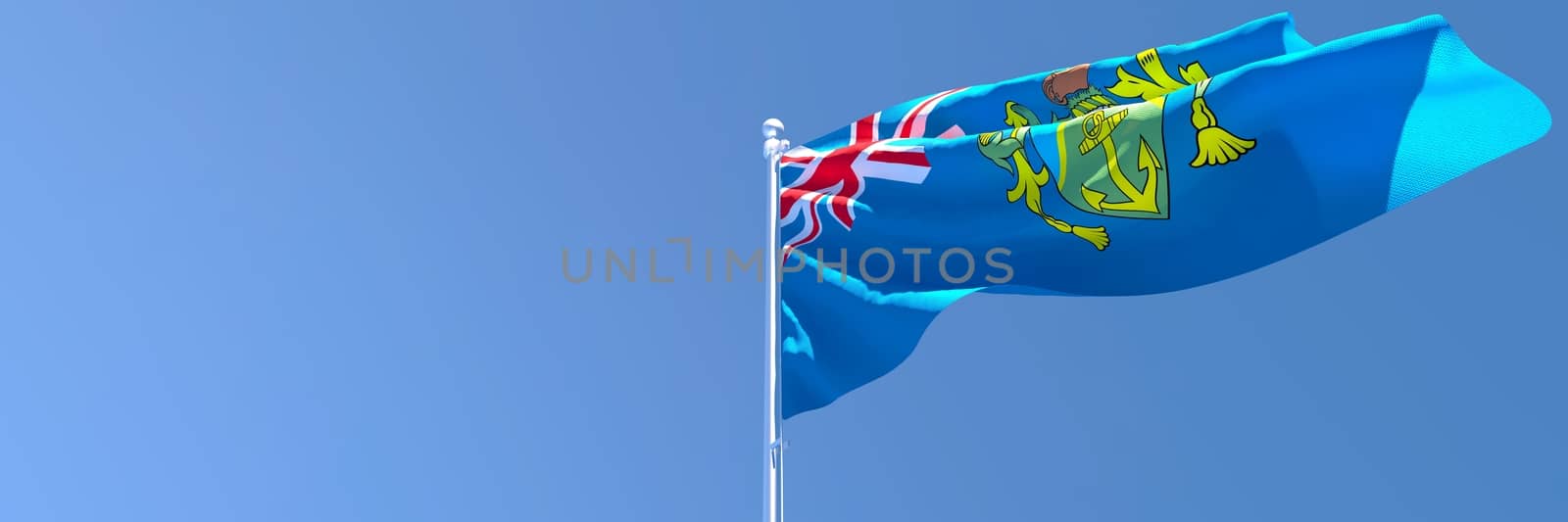 3D rendering of the national flag of Pitcairn islands waving in the wind against a blue sky