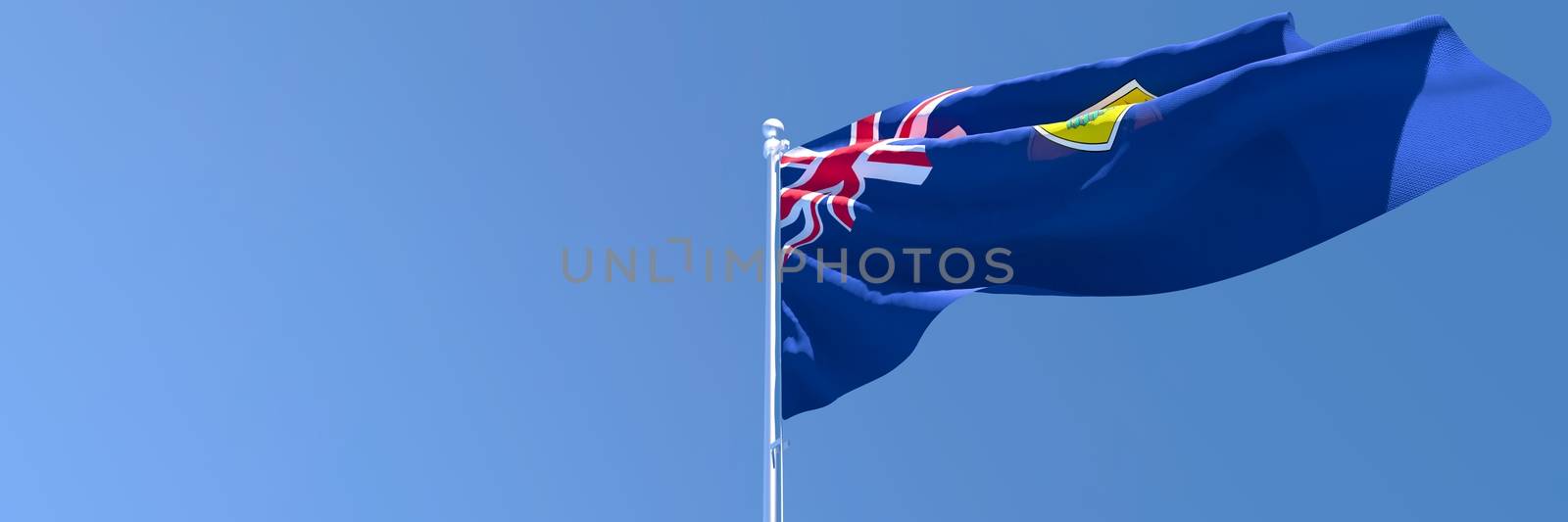 3D rendering of the national flag of Turks and Caicos Islands waving in the wind against a blue sky