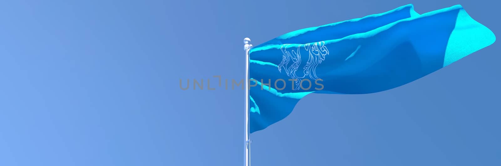 3D rendering of the flag of Semeral Postal Union waving in the wind against a blue sky