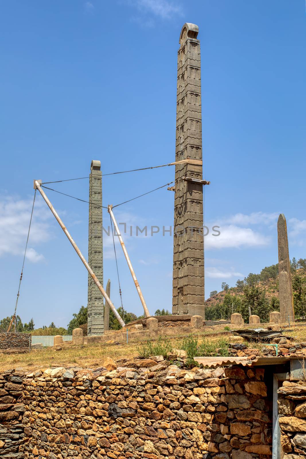 Ancient monolith stone obelisk, symbol of the old Aksumite civilization in city Aksum, Ethiopia. UNESCO World Heritage site. African culture and history place. Cradle of life.