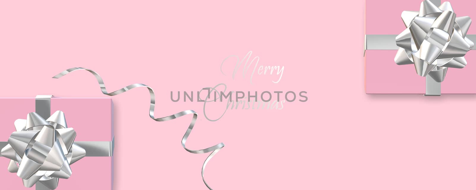 Christmas luxury banner with realistic gift boxes with bow, silver confetti on pink background. Silver text Merry Christmas. Horizontal. Illustration