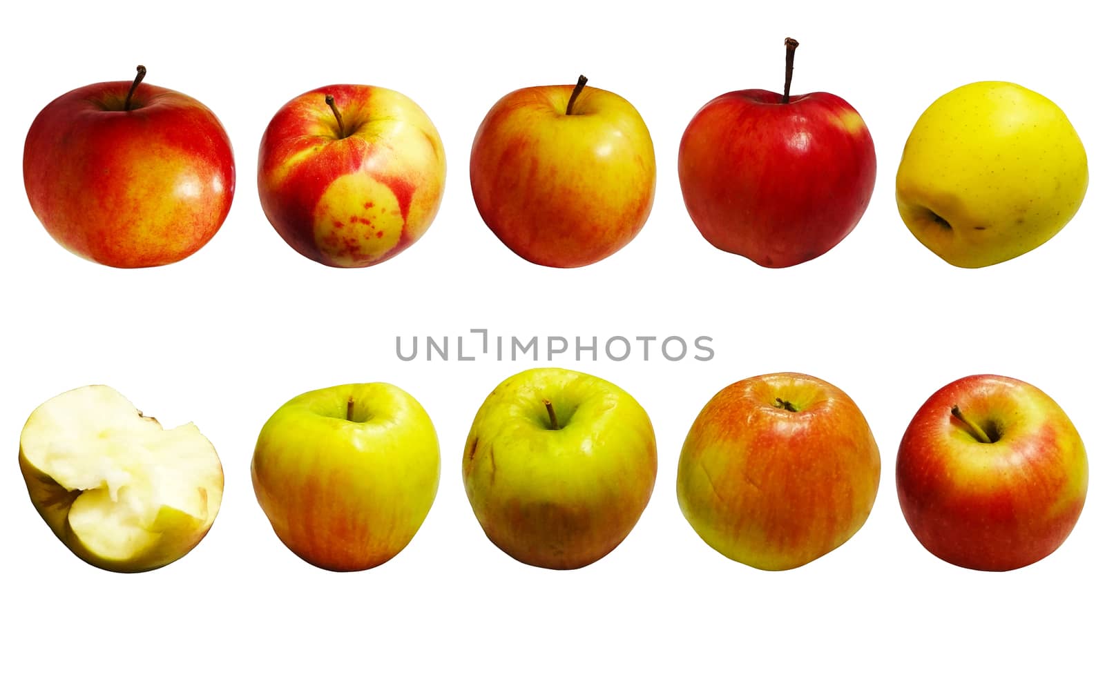 
Ten apples in different angles on a white background of different colors.