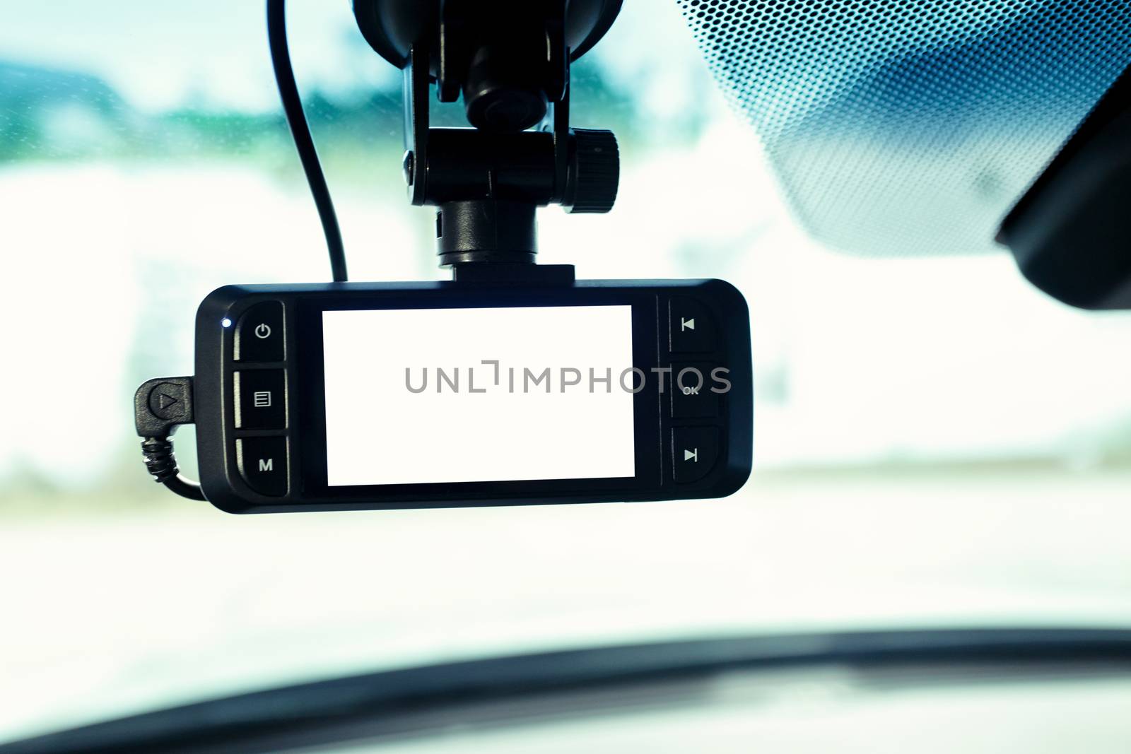 dashcam or car camera mounted on front windshield to record situation or accident ahead, selective focus