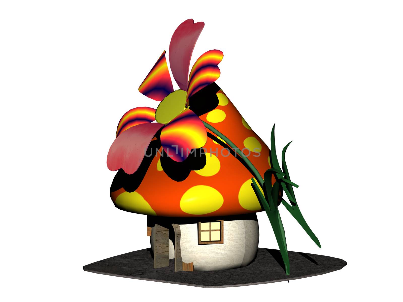 colorful mushroom house for dwarfs with flower