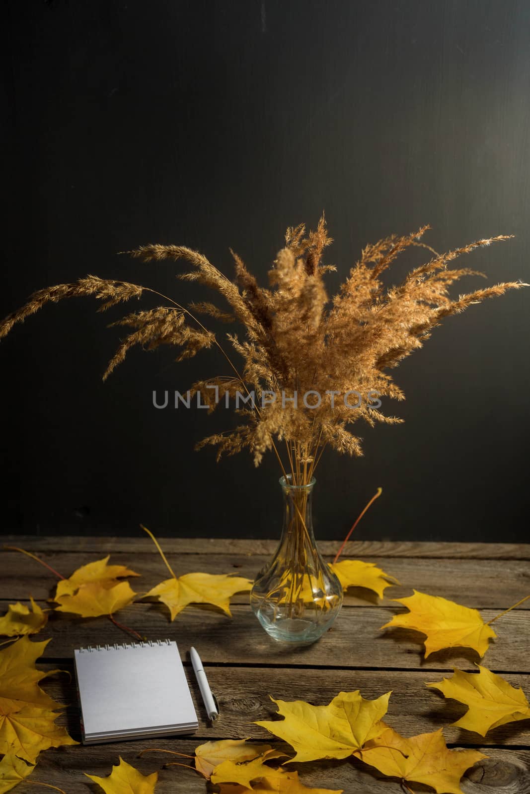 .Still life of autumn fallen leaves and office supplies on a wooden background.