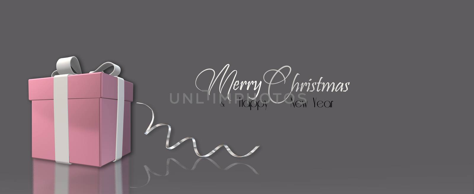 Elegant Christmas luxury background with realistic shiny pink gold gift box, bow, glossy serpentine on pastel background. Silver text Merry Christmas Happy New Year. Illustration. Horizontal banner