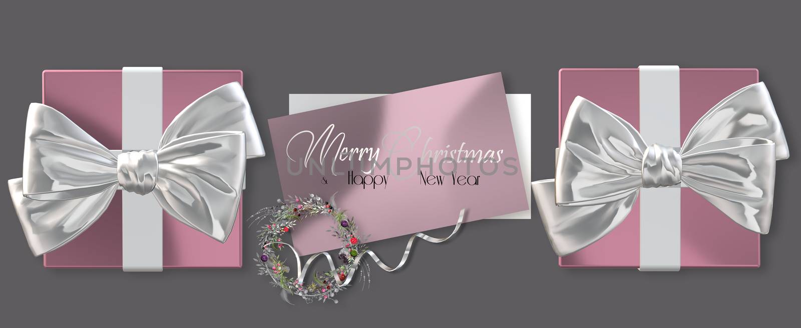 Christmas holiday background in luxury pink. Pink gift boxes, bow, serpentine over dark background. Silver text Merry Christmas Happy New Year. Elegant horizontal banner. Copy space. 3D Illustration