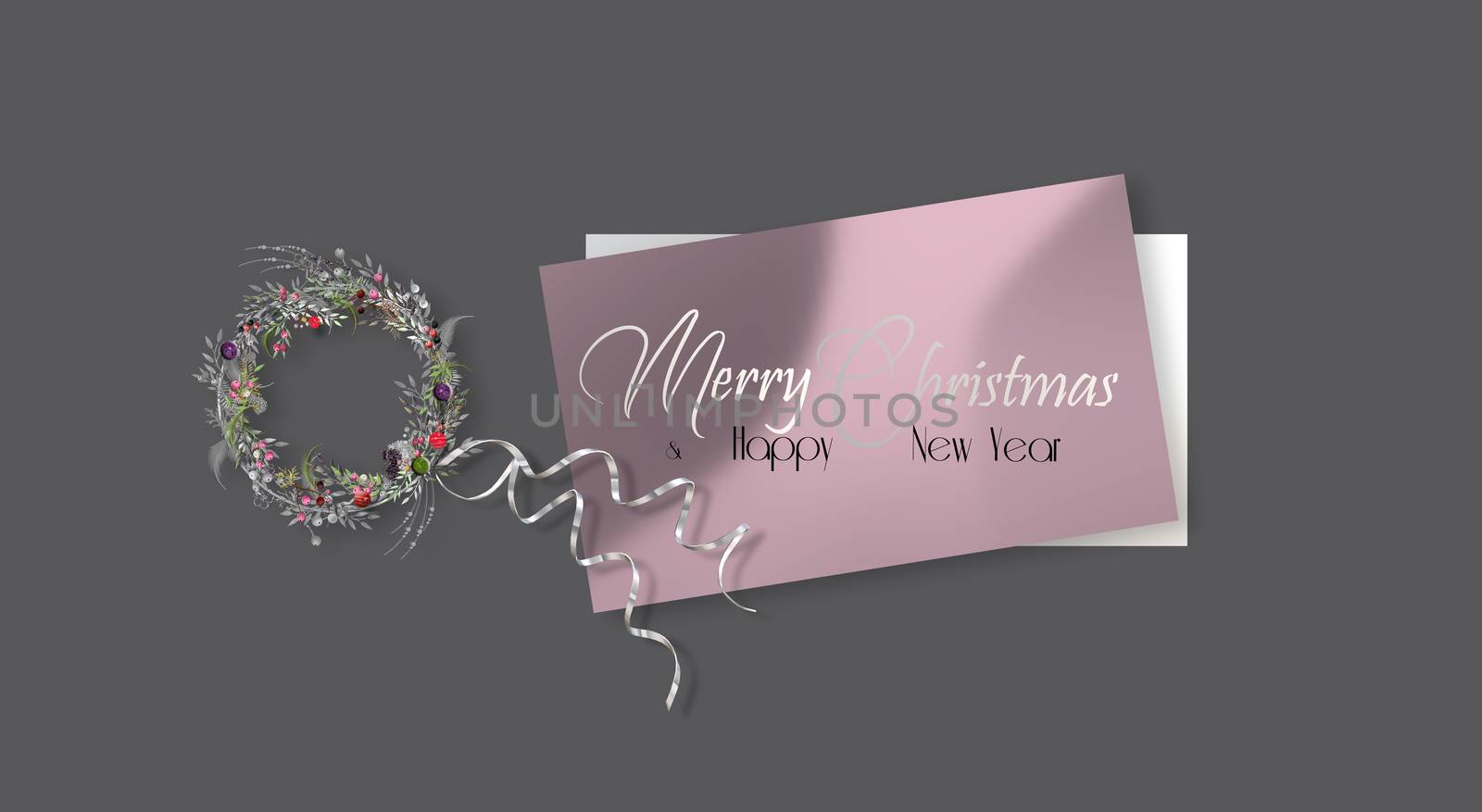 Christmas holiday background in luxury pink. Floral wreath, serpentine over dark background. Silver text Merry Christmas Happy New Year. Elegant horizontal banner. Copy space, mock. 3D Illustration