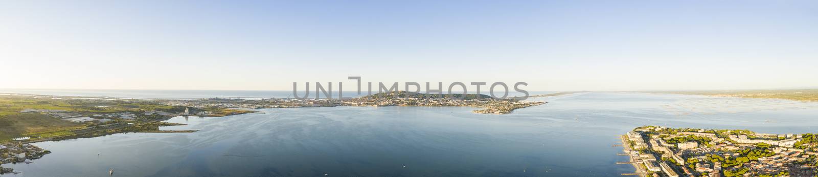 Aerial panorama of Sète and Thau Basin from Balaruc in Occitania, France by Frederic