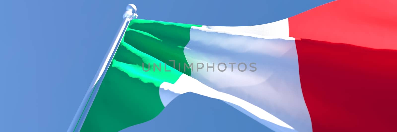 3D rendering of the national flag of Italy waving in the wind against a blue sky