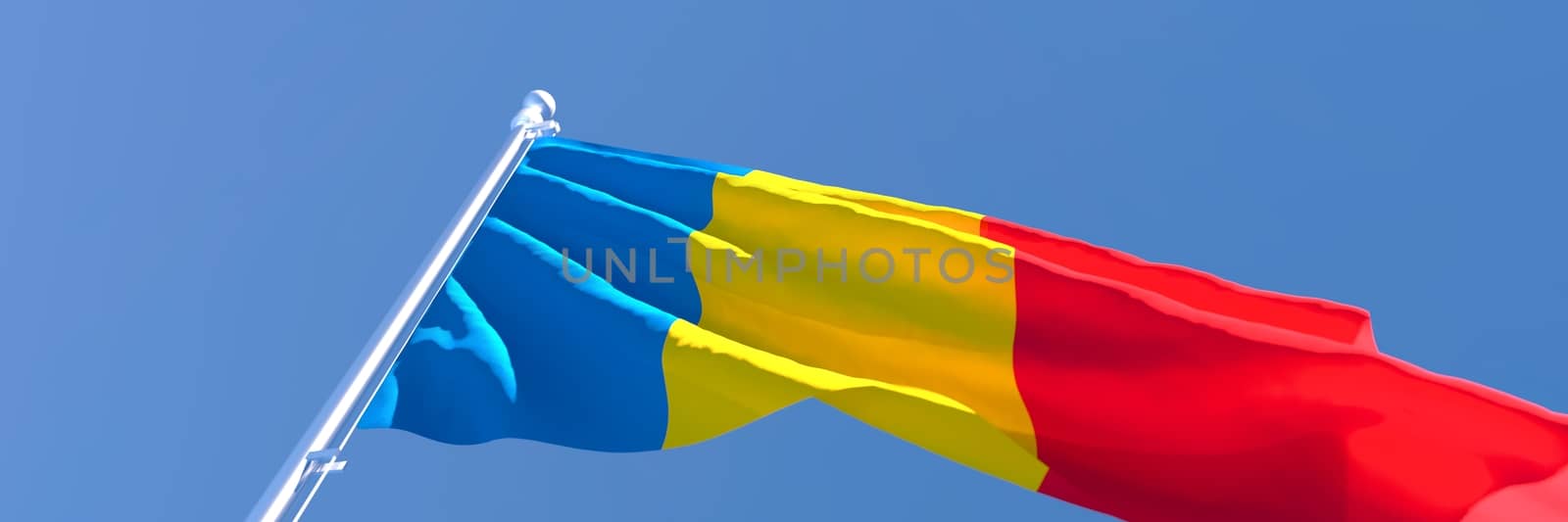 3D rendering of the national flag of Chad waving in the wind against a blue sky