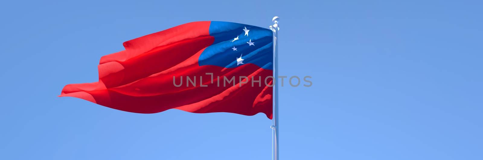 3D rendering of the national flag of Samoa waving in the wind against a blue sky