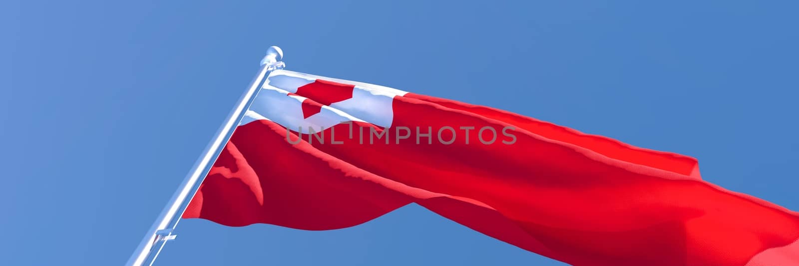 3D rendering of the national flag of Tonga waving in the wind against a blue sky