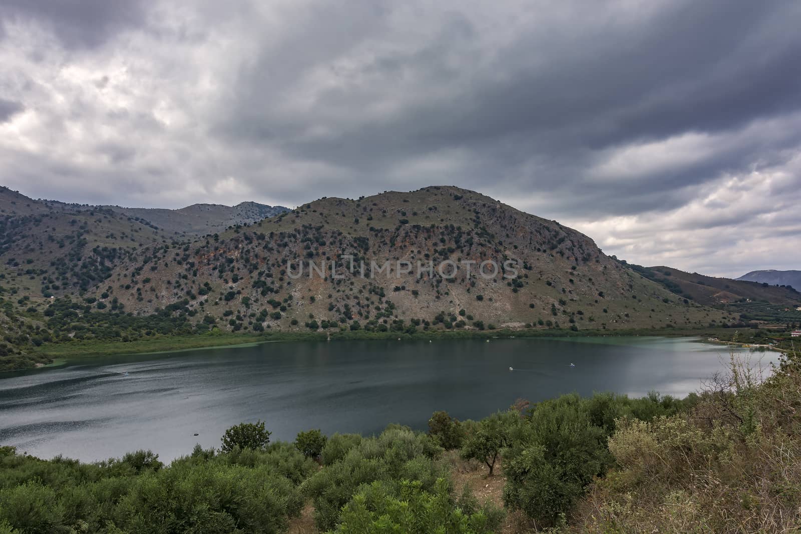 Mountain Lake Kournas near the town of Rethymnon on the island o by Grommik