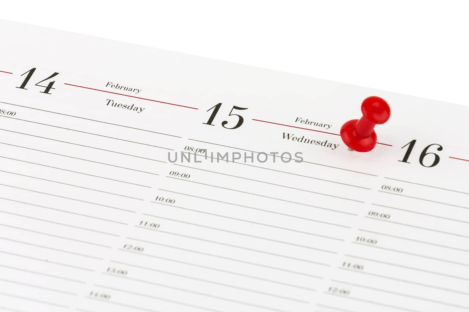 On a white background is the diary sheet date February 15 - Valentine's Day and is marked with a red needle clerical.