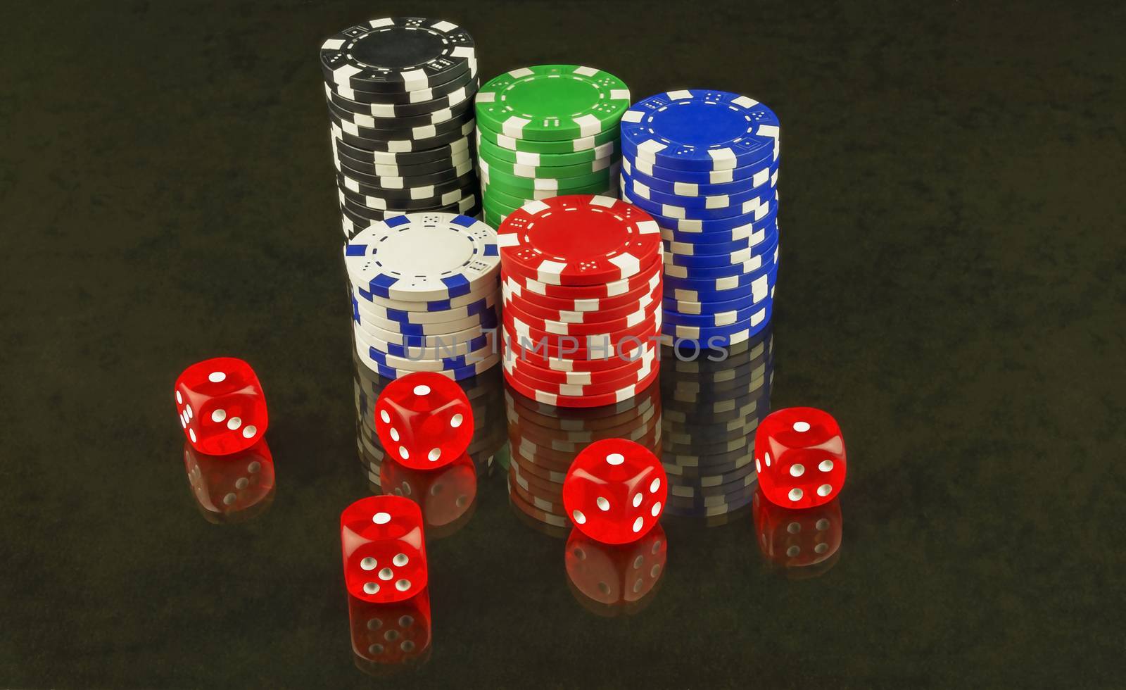 On the glass surface are recognized and red dice poker by Grommik