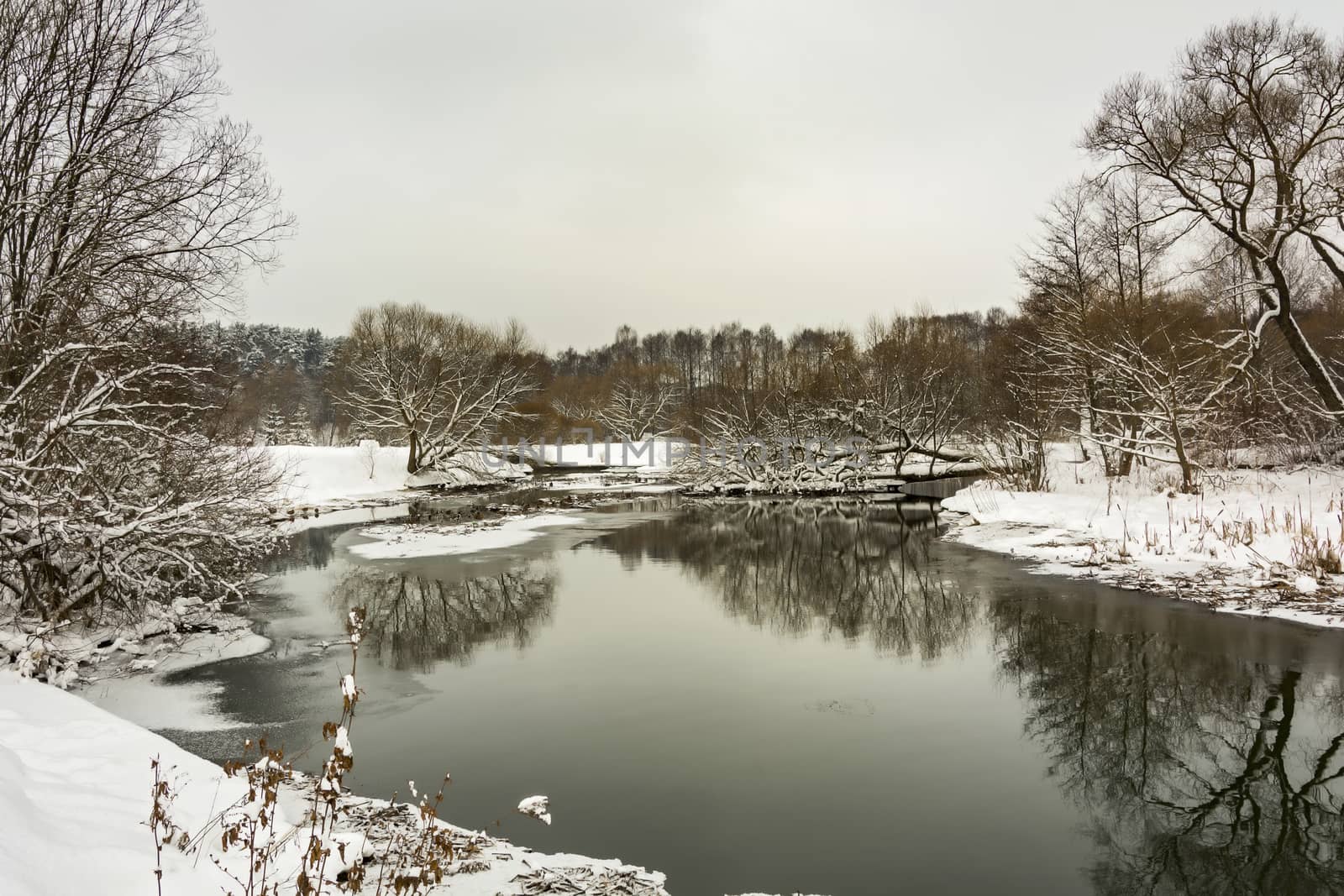 Winter nature. Forest River with the white snow-covered banks.