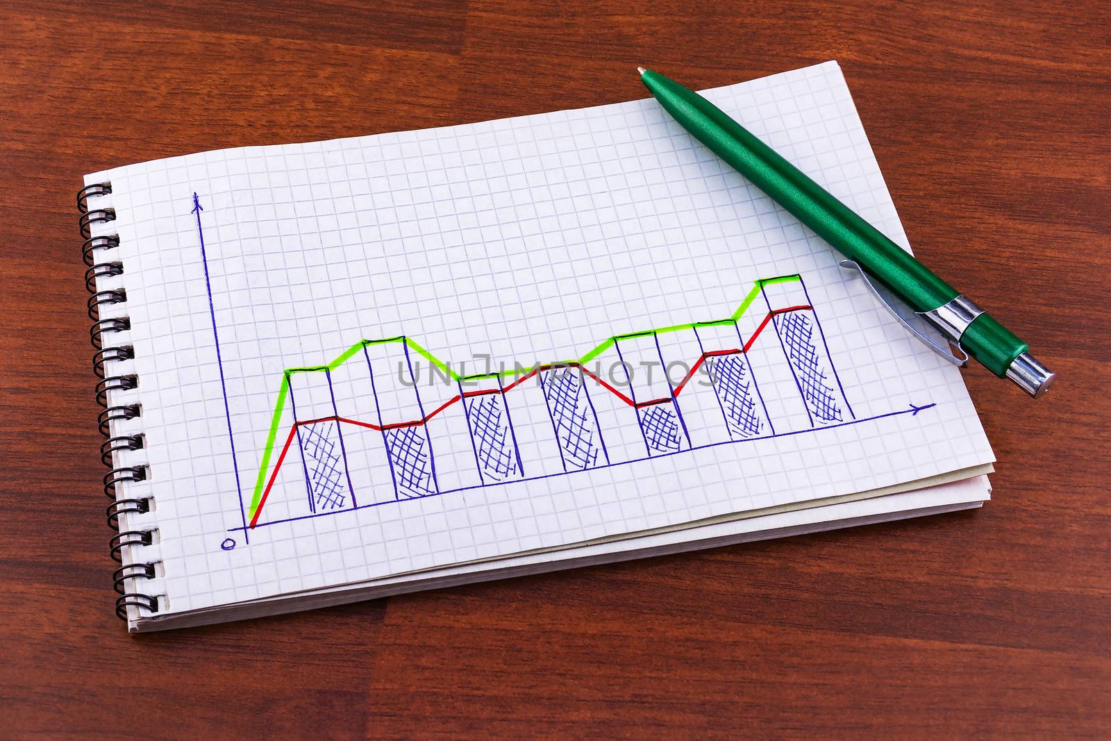 On the table is a notebook with the schedule and green ballpoint by Grommik