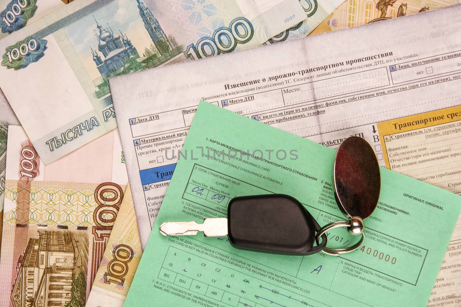 Documents on the car, the ignition key and banknotes by Grommik