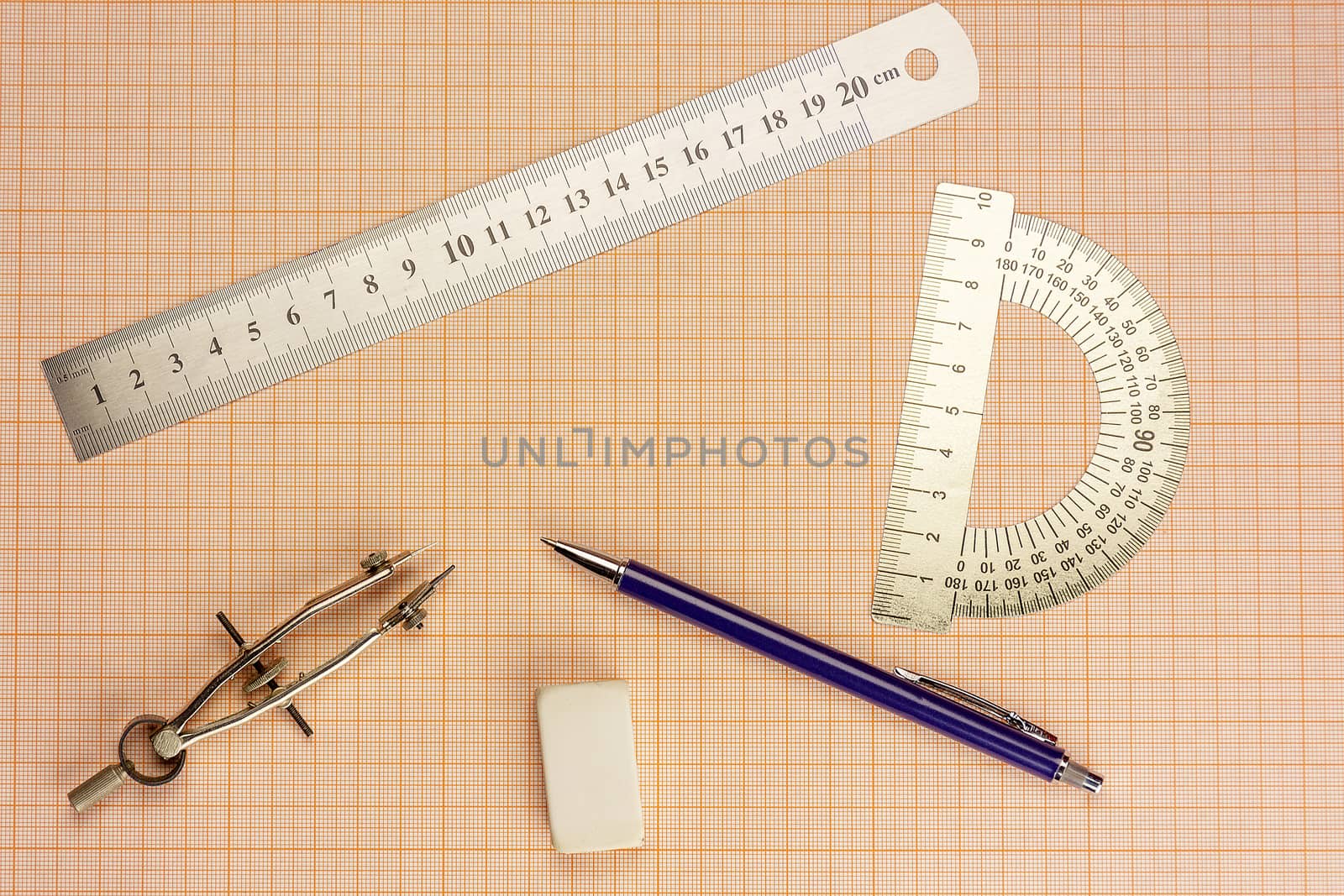 On graph paper are compasses, protractor, ruler, eraser and a pencil