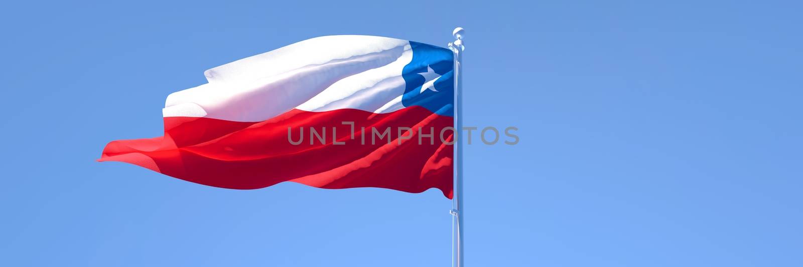 3D rendering of the national flag of Chile waving in the wind against a blue sky