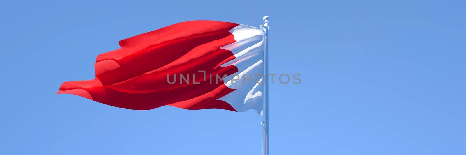 3D rendering of the national flag of Bahrain waving in the wind against a blue sky