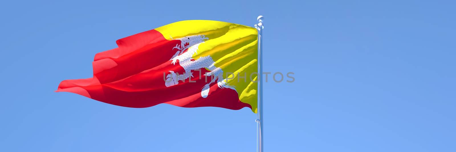 3D rendering of the national flag of Bhutan waving in the wind against a blue sky